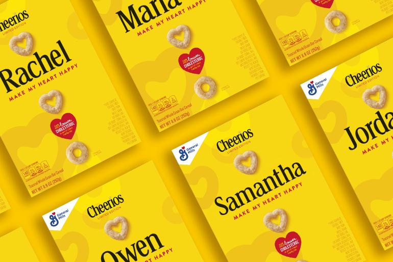A diagonal grid of personalized cheerios boxes, each with a unique name.